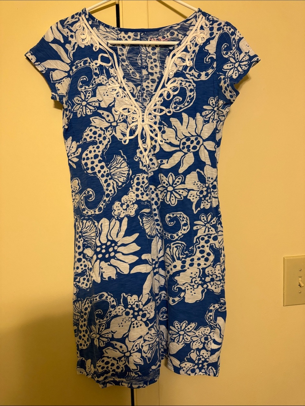 Lilly Pulitzer Blue and White Floral V-Neck Mini Dress
